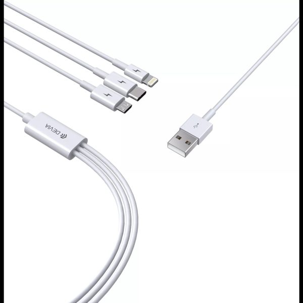 Devia 1.2m (2.4A) USB to Lightning, USB-C & MicroUSB Cable - White - Image 3