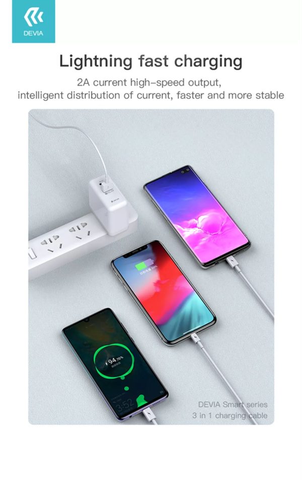 Devia 1.2m (2.4A) USB to Lightning, USB-C & MicroUSB Cable - White - Image 4