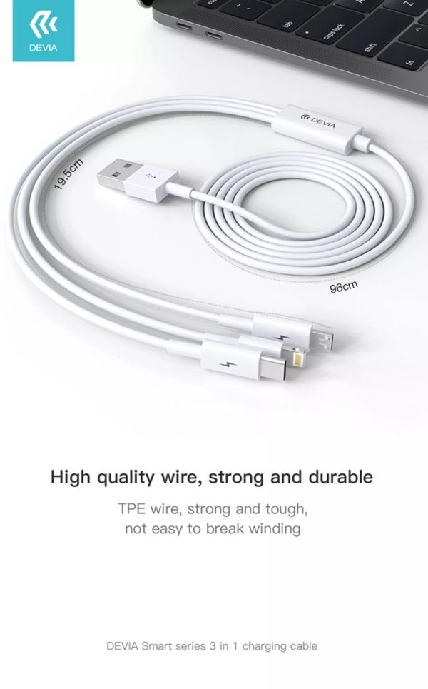 Devia 1.2m (2.4A) USB to Lightning, USB-C & MicroUSB Cable - White - Image 6