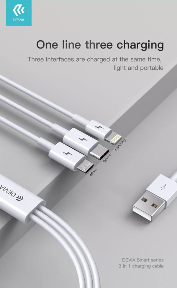 Devia 1.2m (2.4A) USB to Lightning, USB-C & MicroUSB Cable - White - Image 8