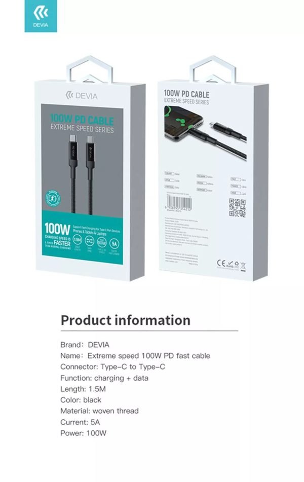 Devia - 1.5m (100W) Mesh Armour Power Delivery - USB-C to USB-C Cable - Black - Image 3