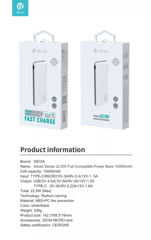 Devia - 10,000mAh 22.5W PD & QC3.0 LED Indicator Powerbank - White - Image 8