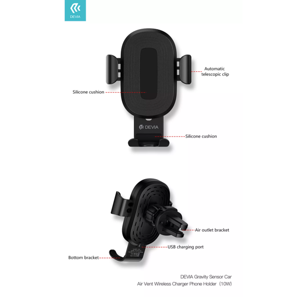 Devia - 10W Wireless Charging Gravity Sensor Air Vent Car Holder - Black - Image 8