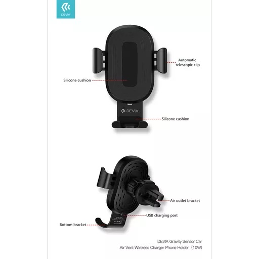 Devia - 10w wireless charging gravity sensor air vent car holder - black - image 3