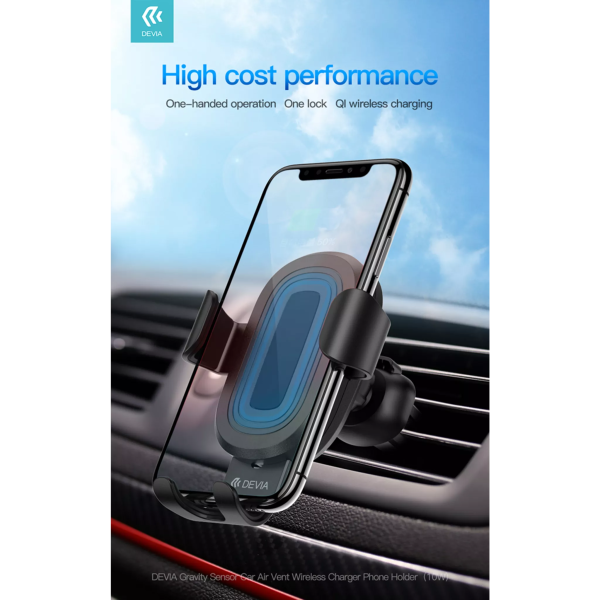 Devia - 10W Wireless Charging Gravity Sensor Air Vent Car Holder - Black - Image 3