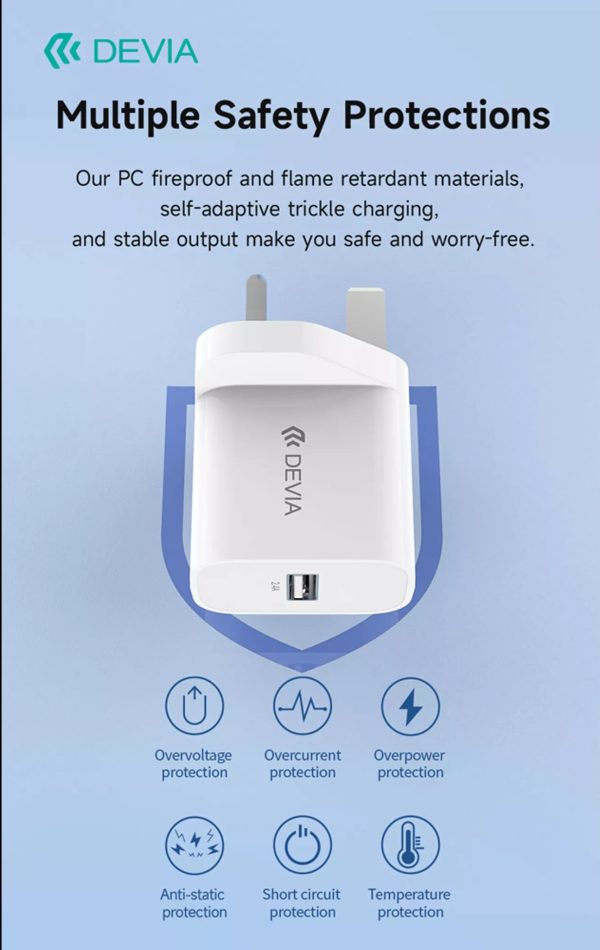 Devia - 2.4A USB 3-Pin UK Charging Plug - White - Image 4