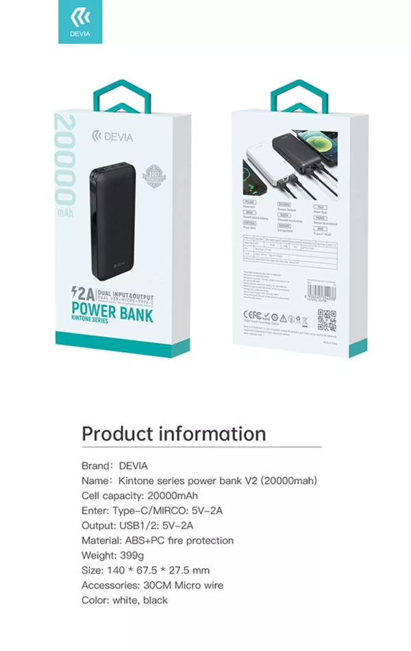 Devia - 20,000mAh Kintone Dual Port LED Indicator Powerbank - Black - Image 3