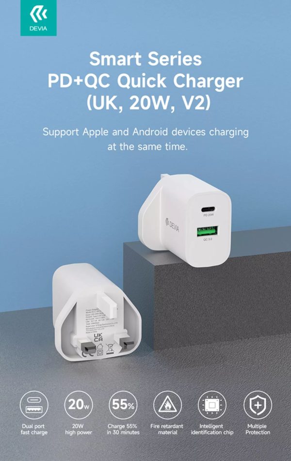 Devia - 20W Dual USB-C Power Delivery & USB Qualcomm 3-Pin UK Charging Plug - White - Image 2