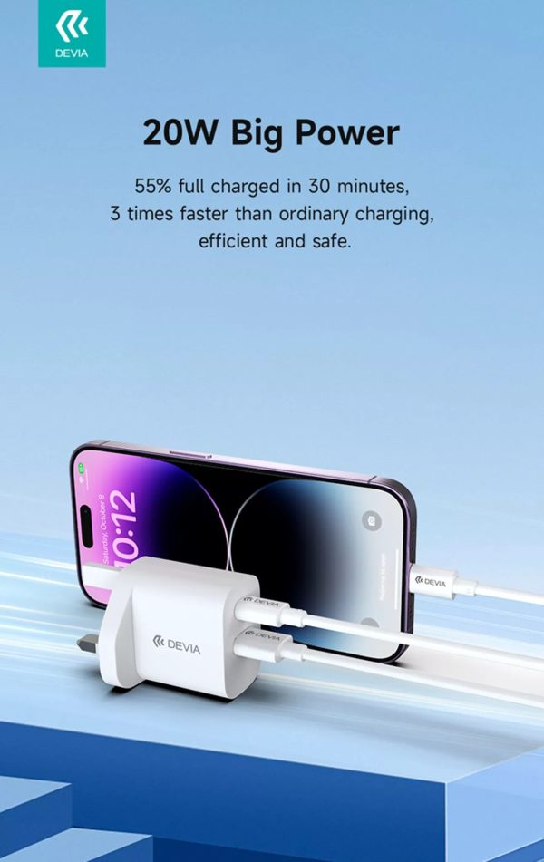 Devia - 20W Dual USB-C Power Delivery & USB Qualcomm 3-Pin UK Charging Plug - White - Image 3