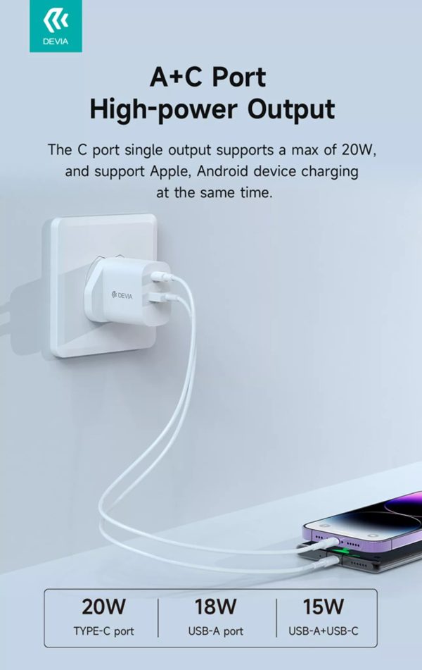 Devia - 20W Dual USB-C Power Delivery & USB Qualcomm 3-Pin UK Charging Plug - White - Image 4