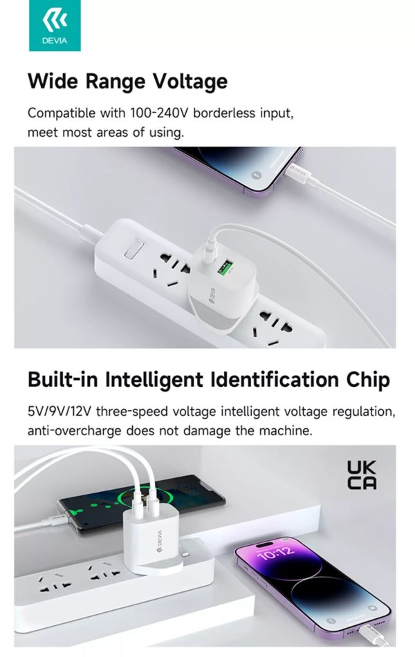Devia - 20W Dual USB-C Power Delivery & USB Qualcomm 3-Pin UK Charging Plug - White - Image 7