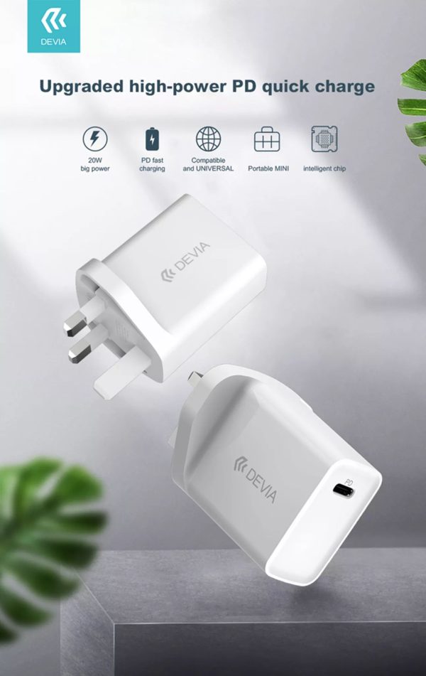 Devia 20W USB-C Power Delivery 3-Pin UK Charging Plug & 1m PD USB-C to Lightning Cable - White - Image 8