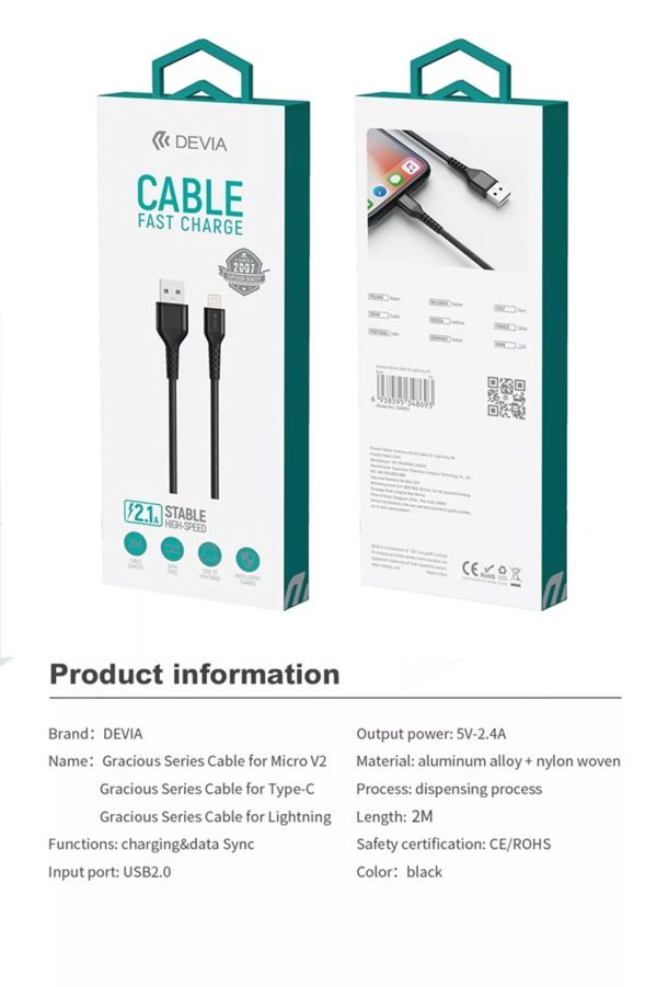 Devia - 2m (2.1A) Mesh Armour USB to Non-MFi Lightning Cable - Black - Image 7