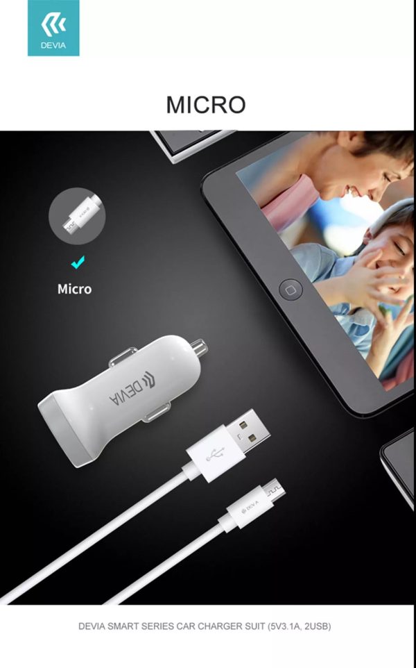 Devia 3.1A Dual USB Port Car Adapter & 1m MicroUSB Cable - White - Image 9