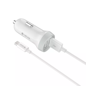 Devia - 3.1A Dual USB Port Car Adapter & 1m USB-C Cable - White