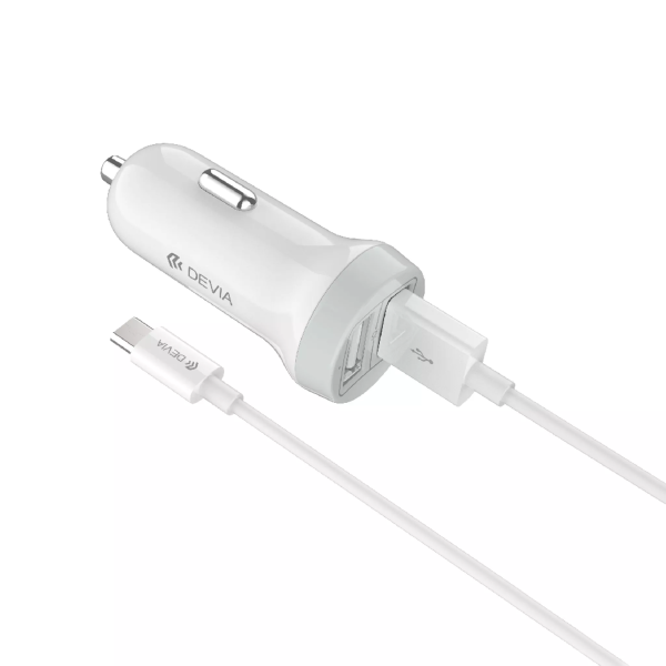 Devia - 3.1A Dual USB Port Car Adapter & 1m USB-C Cable - White