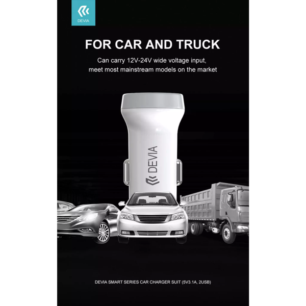 Devia - 3.1A Dual USB Port Car Adapter & 1m USB-C Cable - White - Image 7