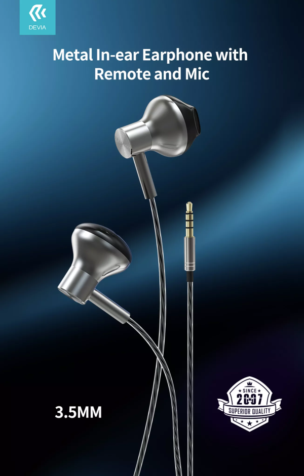 Devia - 3.5mm Metal Earphones with Microphone & Volume Control - Black - Image 2