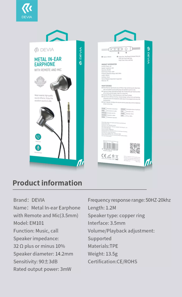 Devia - 3.5mm Metal Earphones with Microphone & Volume Control - Black - Image 3
