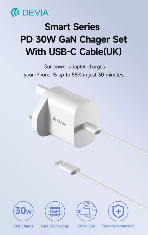 Devia 30W GaN USB-C 3-Pin UK Charging Plug & 1.2m USB-C to USB-C Cable - White - Image 4