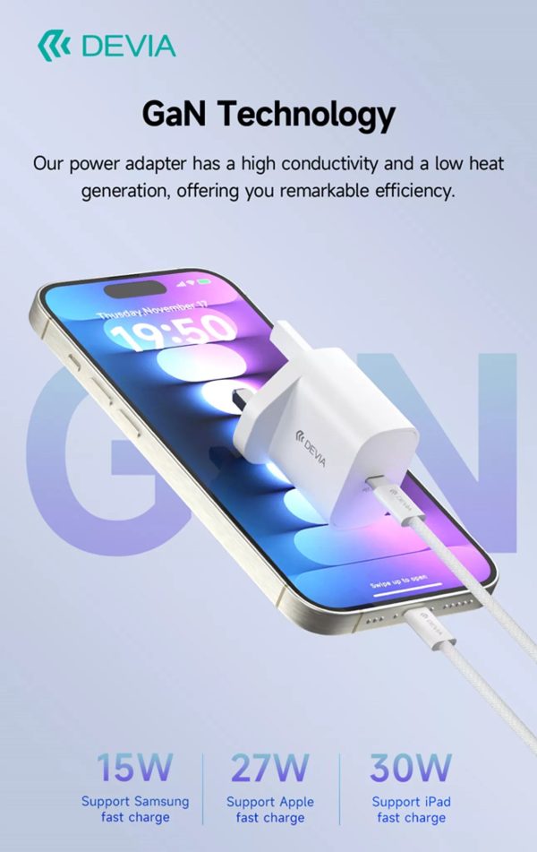Devia 30W GaN USB-C 3-Pin UK Charging Plug & 1.2m USB-C to USB-C Cable - White - Image 5
