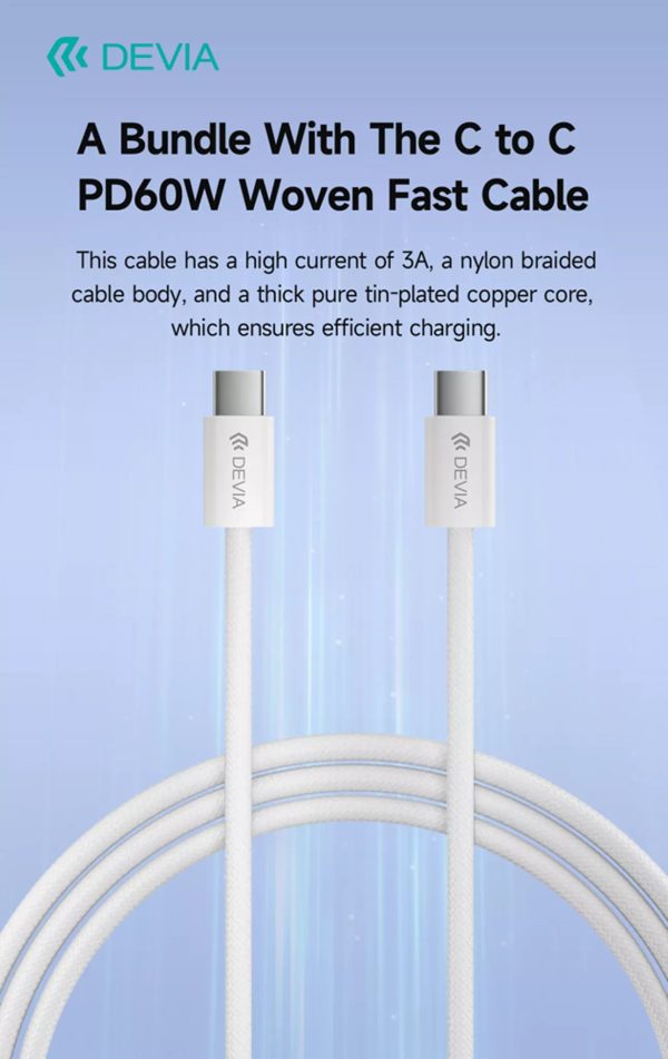 Devia 30W GaN USB-C 3-Pin UK Charging Plug & 1.2m USB-C to USB-C Cable - White - Image 7