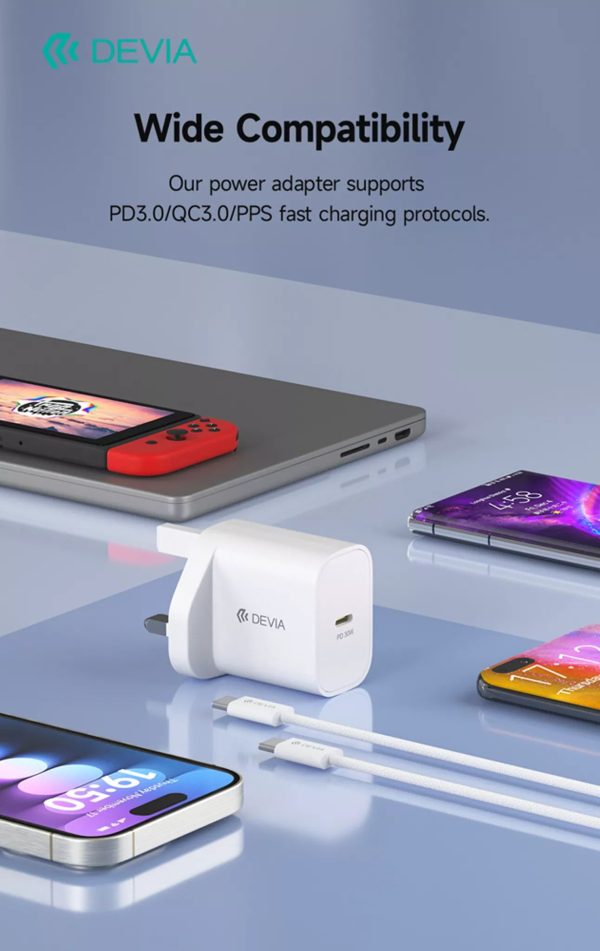Devia 30W GaN USB-C 3-Pin UK Charging Plug & 1.2m USB-C to USB-C Cable - White - Image 9