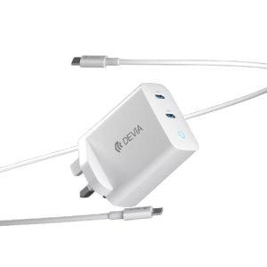 Devia 45W GaN Dual USB-C 3-Pin UK Charging Plug & 1.5m USB-C to USB-C Cable - White