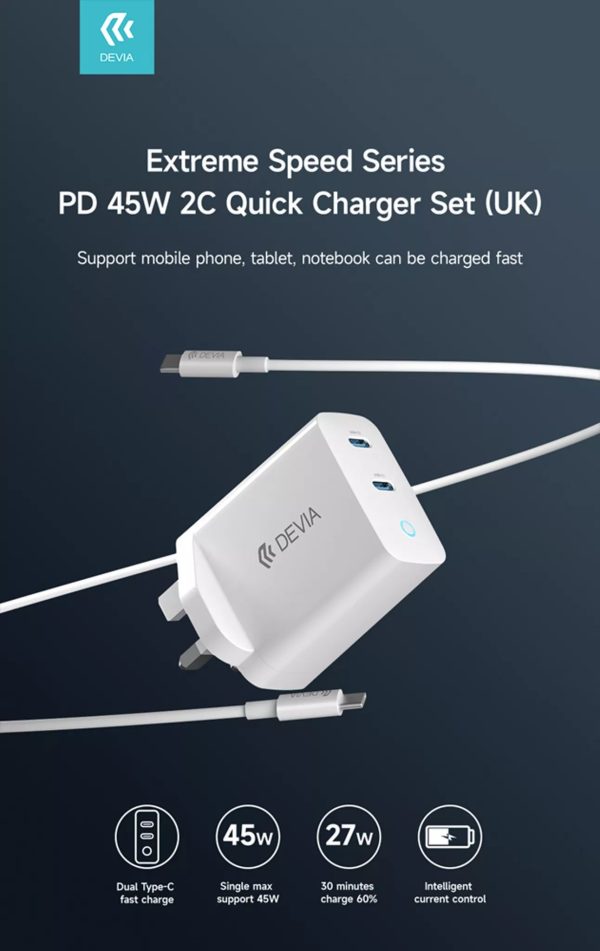 Devia 45W GaN Dual USB-C 3-Pin UK Charging Plug & 1.5m USB-C to USB-C Cable - White - Image 5