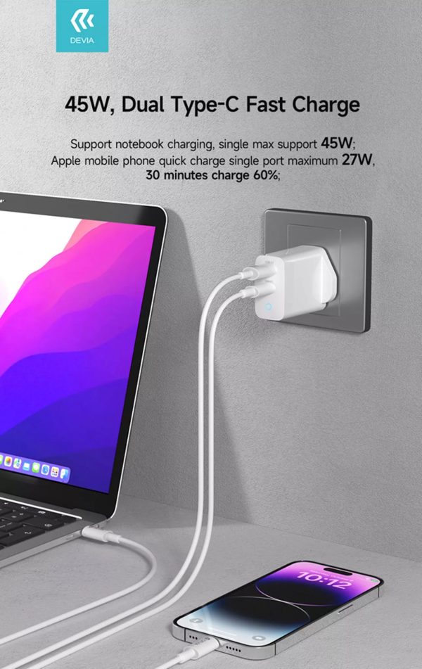 Devia 45W GaN Dual USB-C 3-Pin UK Charging Plug & 1.5m USB-C to USB-C Cable - White - Image 6