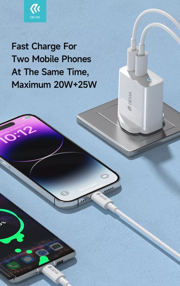 Devia 45W GaN Dual USB-C 3-Pin UK Charging Plug & 1.5m USB-C to USB-C Cable - White - Image 7