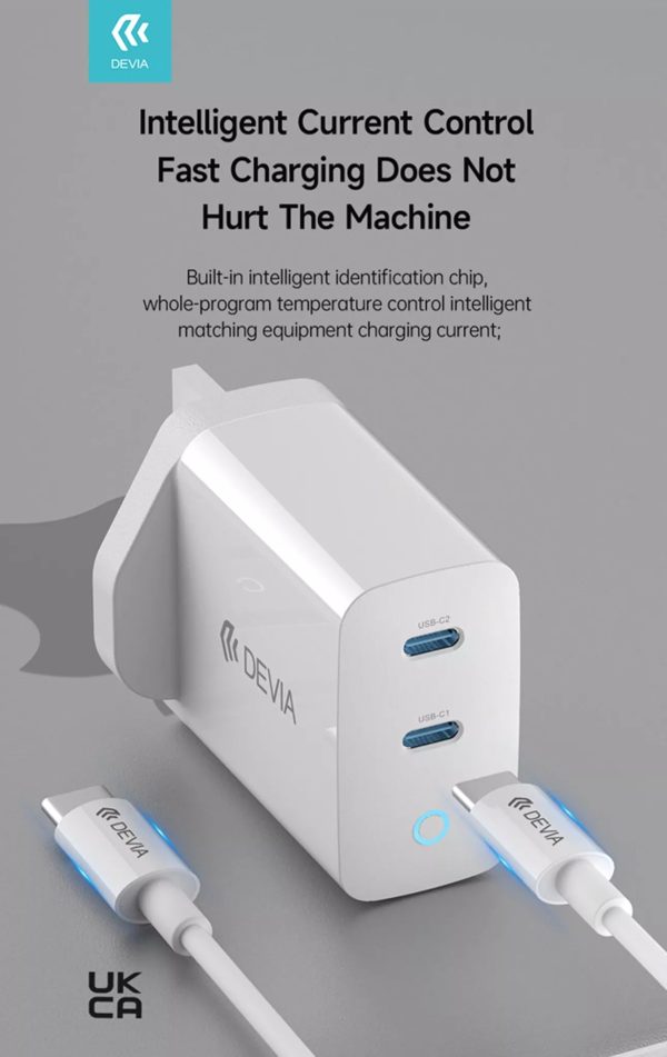 Devia 45W GaN Dual USB-C 3-Pin UK Charging Plug & 1.5m USB-C to USB-C Cable - White - Image 8