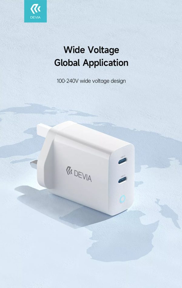 Devia 45W GaN Dual USB-C Power Delivery 3-Pin UK Charging Plug - White - Image 3