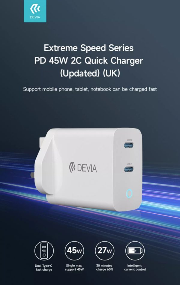 Devia 45W GaN Dual USB-C Power Delivery 3-Pin UK Charging Plug - White - Image 4