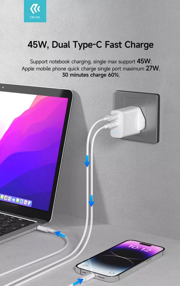 Devia 45W GaN Dual USB-C Power Delivery 3-Pin UK Charging Plug - White - Image 5