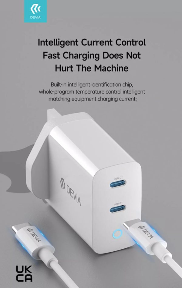 Devia 45W GaN Dual USB-C Power Delivery 3-Pin UK Charging Plug - White - Image 7