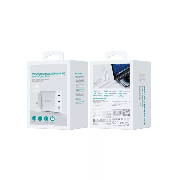 Devia 45W GaN Dual USB-C Power Delivery 3-Pin UK Charging Plug - White - Image 9