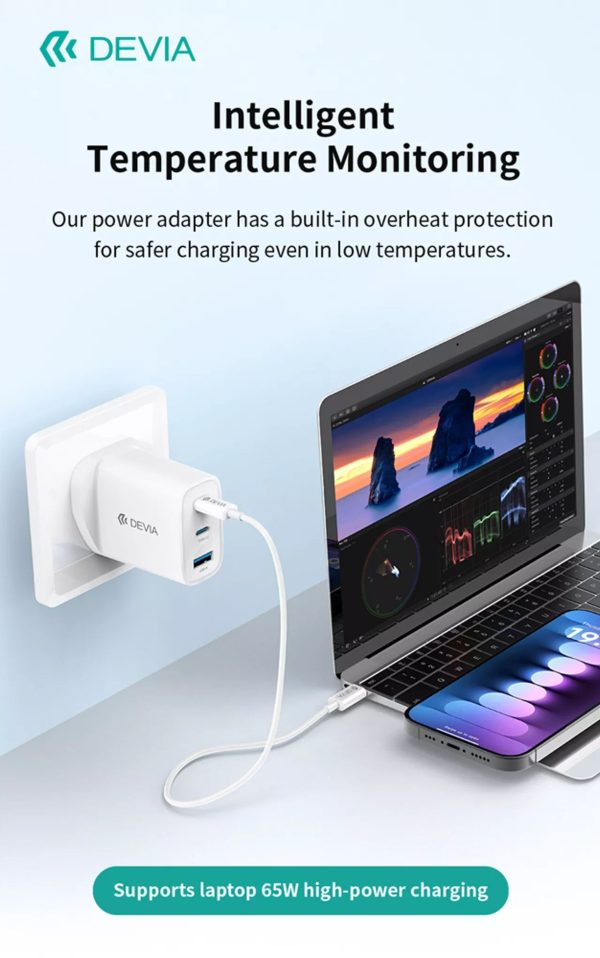 Devia 65W GaN USB-C PD & QC4.0 3-Pin UK Mini Charging Plug & 1.5m 100W USB-C to USB-C Cable - White - Image 10