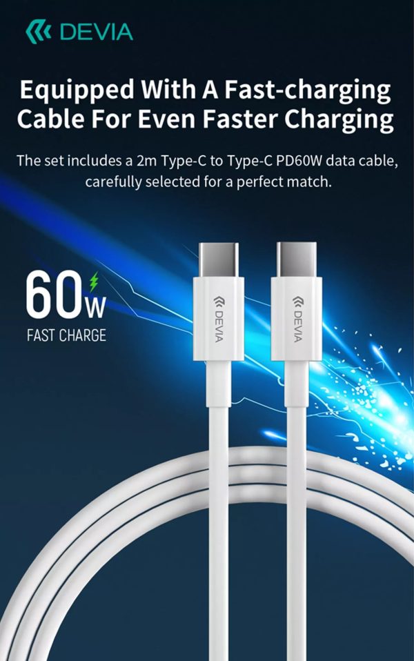 Devia 65W GaN USB-C PD & QC4.0 3-Pin UK Mini Charging Plug & 1.5m 100W USB-C to USB-C Cable - White - Image 11