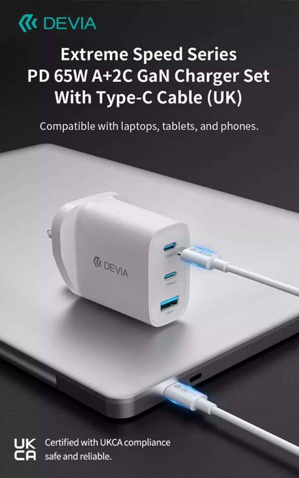 Devia 65W GaN USB-C PD & QC4.0 3-Pin UK Mini Charging Plug & 1.5m 100W USB-C to USB-C Cable - White - Image 12