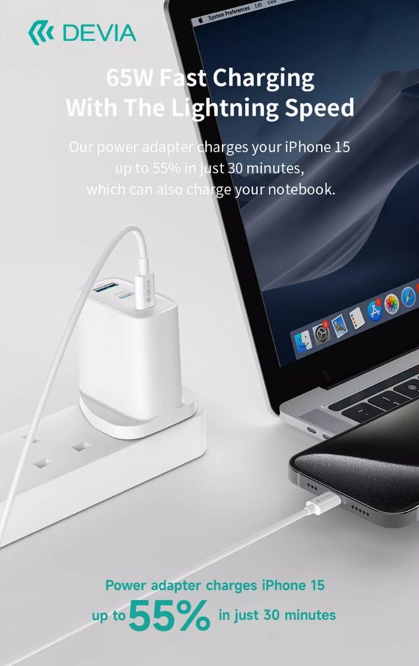 Devia 65W GaN USB-C PD & QC4.0 3-Pin UK Mini Charging Plug & 1.5m 100W USB-C to USB-C Cable - White - Image 5