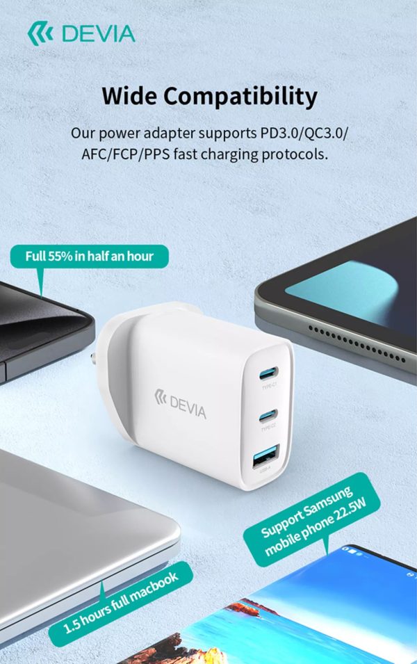 Devia 65W GaN USB-C PD & QC4.0 3-Pin UK Mini Charging Plug & 1.5m 100W USB-C to USB-C Cable - White - Image 6
