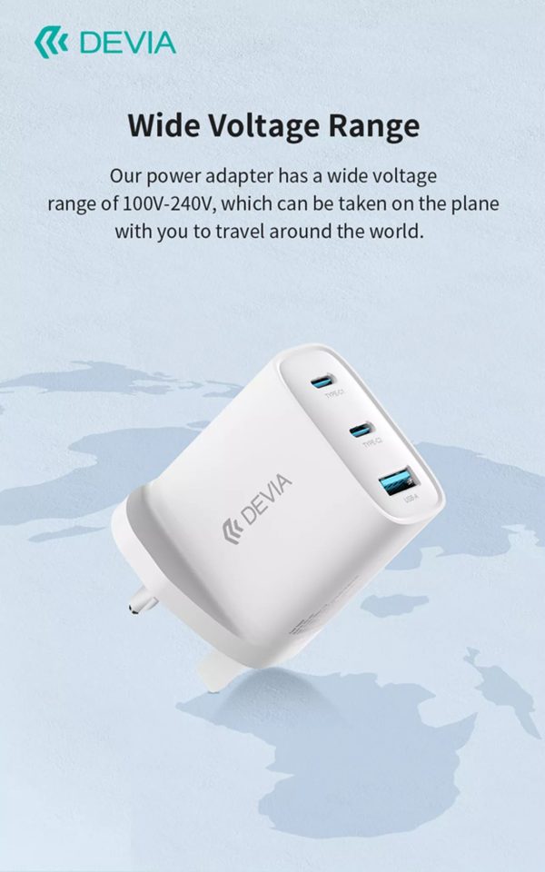 Devia 65W GaN USB-C PD & QC4.0 3-Pin UK Mini Charging Plug & 1.5m 100W USB-C to USB-C Cable - White - Image 8