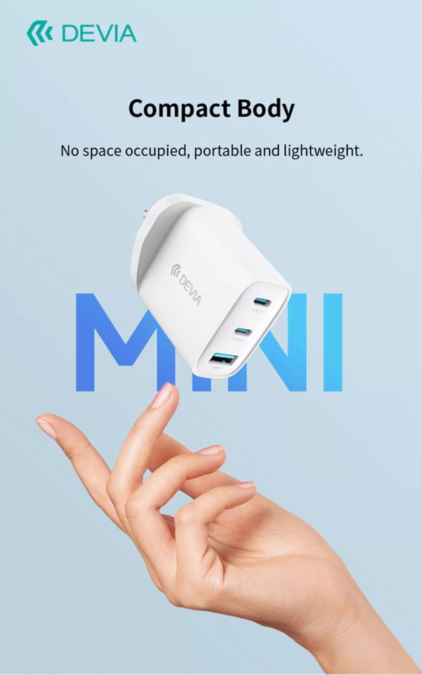 Devia 65W GaN USB-C PD & QC4.0 3-Pin UK Mini Charging Plug & 1.5m 100W USB-C to USB-C Cable - White - Image 9