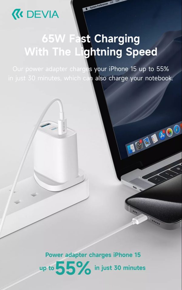 Devia 65W GaN USB-C PD & QC4.0 3-Pin UK Mini Charging Plug - White - Image 4