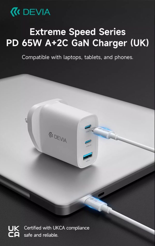 Devia 65W GaN USB-C PD & QC4.0 3-Pin UK Mini Charging Plug - White - Image 9