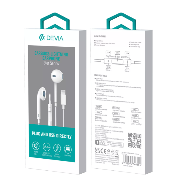 Devia - Lightning Earphones with Microphone & Volume Control - White - Image 3