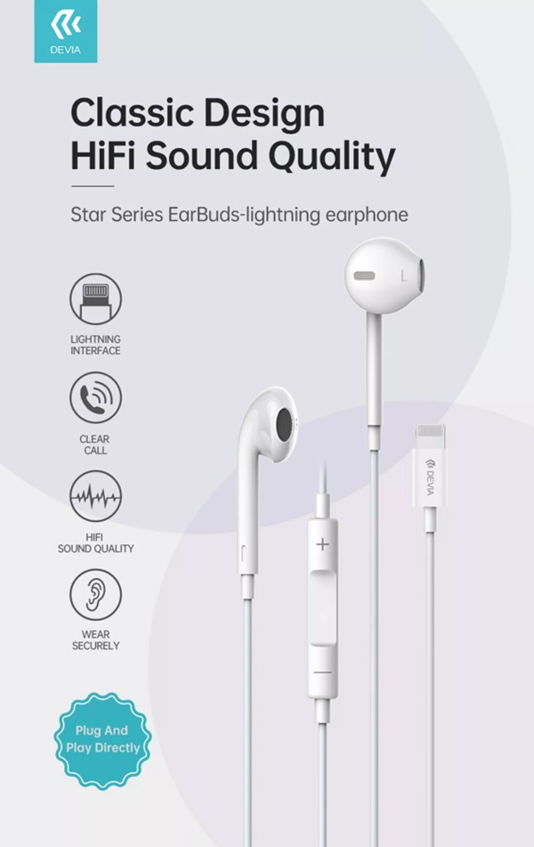 Devia - Lightning Earphones with Microphone & Volume Control - White - Image 2