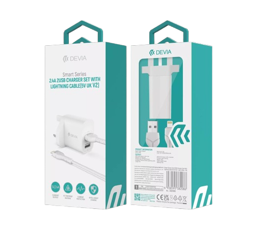 Devia - 2.4A Dual USB Plug & 1m Non-MFI Lightning Cable - White - Image 10