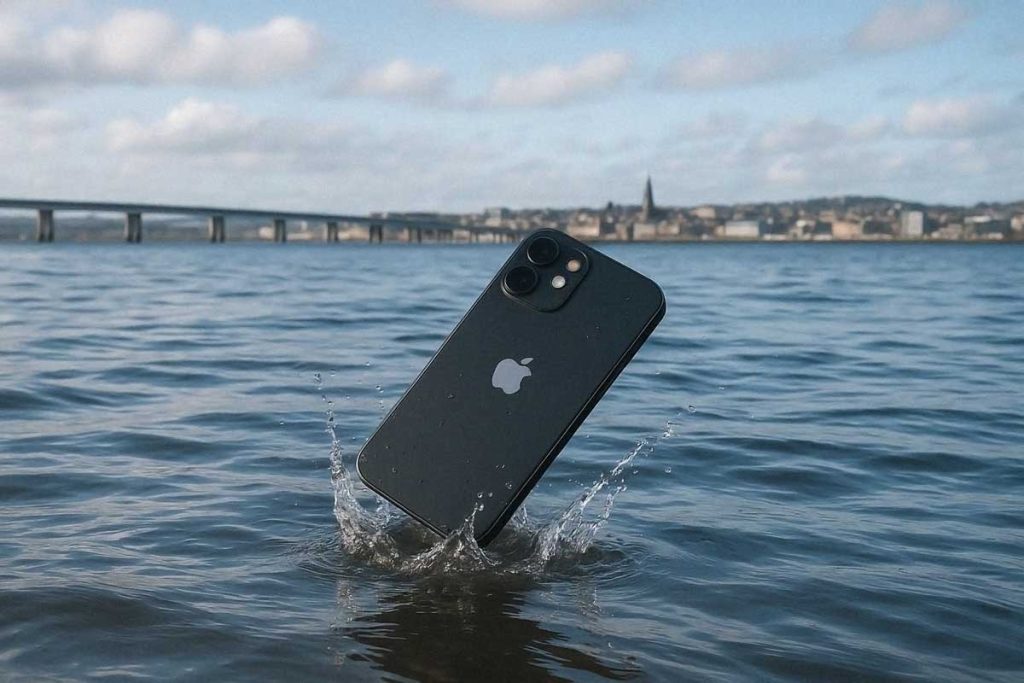 iPhone falling in the River Tay with Dundee in the background